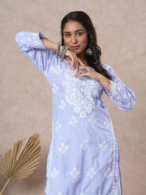 Hand Embroidered Mauve Cotton Lucknowi Chikankari Indian Women Straight Kurta 3