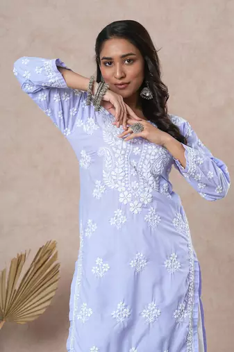 Hand Embroidered Mauve Cotton Lucknowi Chikankari Indian Women Straight Kurta