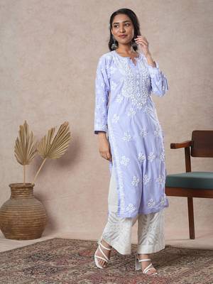 Hand Embroidered Mauve Cotton Lucknowi Chikankari Indian Women Straight Kurta 4