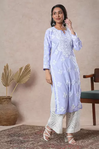 Hand Embroidered Mauve Cotton Lucknowi Chikankari Indian Women Straight Kurta