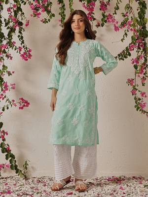 Hand Embroidered Sea Green Cotton Lucknowi Chikankari Indian Women Straight Kurta 1