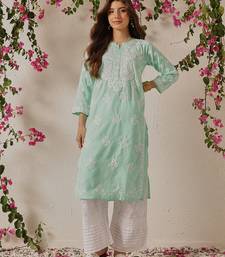 Hand Embroidered Sea Green Cotton Lucknowi Chikankari Indian Women Straight Kurta