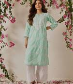 Hand Embroidered Sea Green Cotton Lucknowi Chikankari Indian Women Straight Kurta