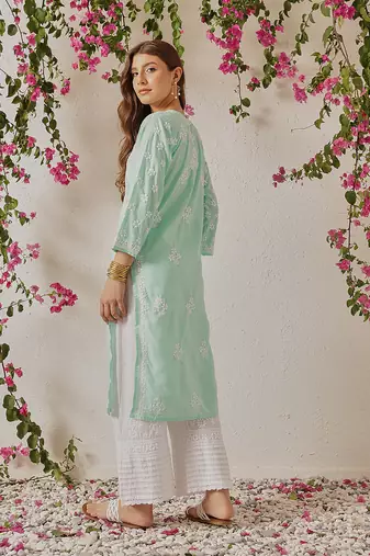Hand Embroidered Sea Green Cotton Lucknowi Chikankari Indian Women Straight Kurta