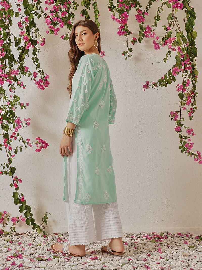 Hand Embroidered Sea Green Cotton Lucknowi Chikankari Indian Women Straight Kurta