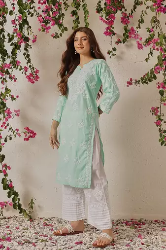 Hand Embroidered Sea Green Cotton Lucknowi Chikankari Indian Women Straight Kurta