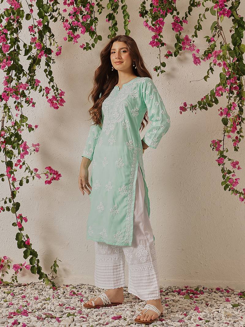 Hand Embroidered Sea Green Cotton Lucknowi Chikankari Indian Women Straight Kurta
