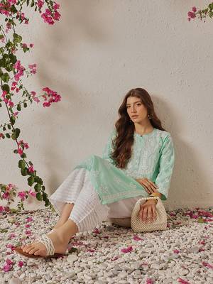Hand Embroidered Sea Green Cotton Lucknowi Chikankari Indian Women Straight Kurta 4