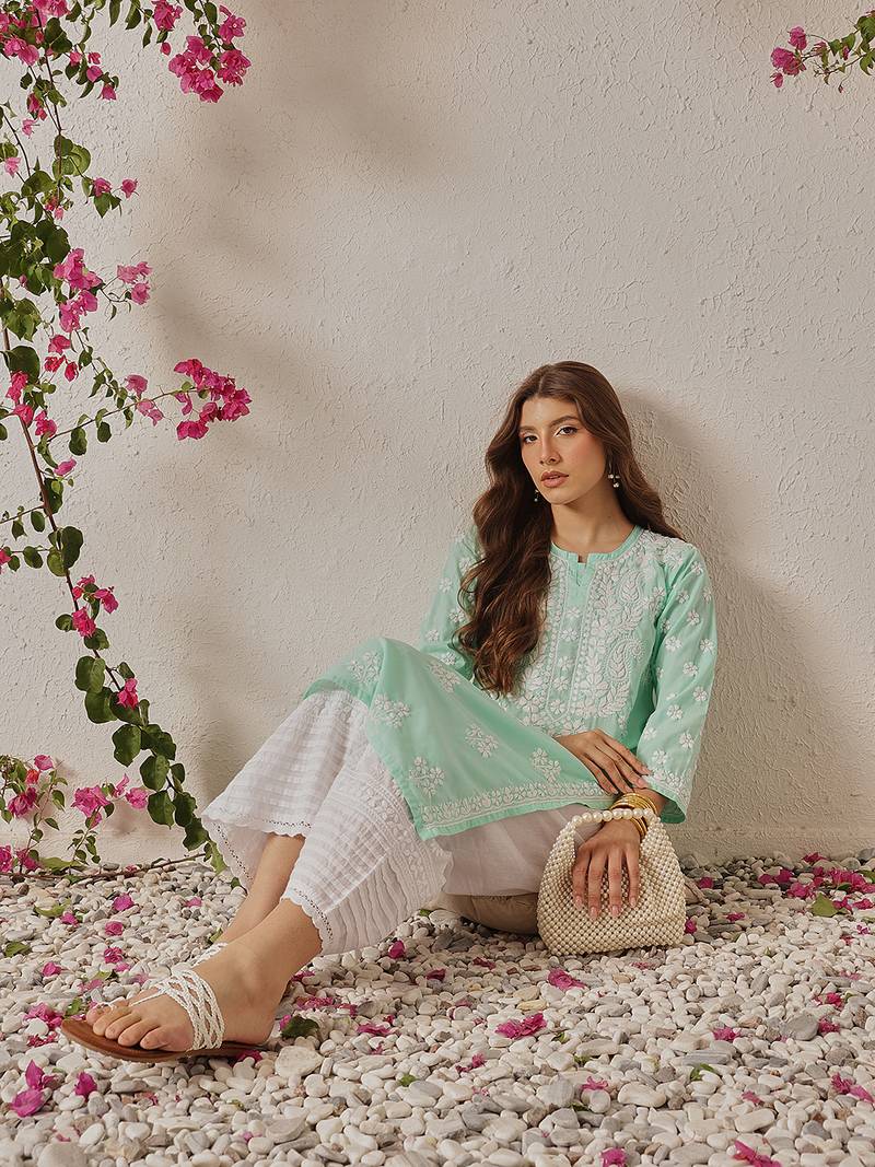 Hand Embroidered Sea Green Cotton Lucknowi Chikankari Indian Women Straight Kurta