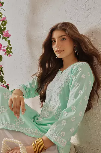 Hand Embroidered Sea Green Cotton Lucknowi Chikankari Indian Women Straight Kurta