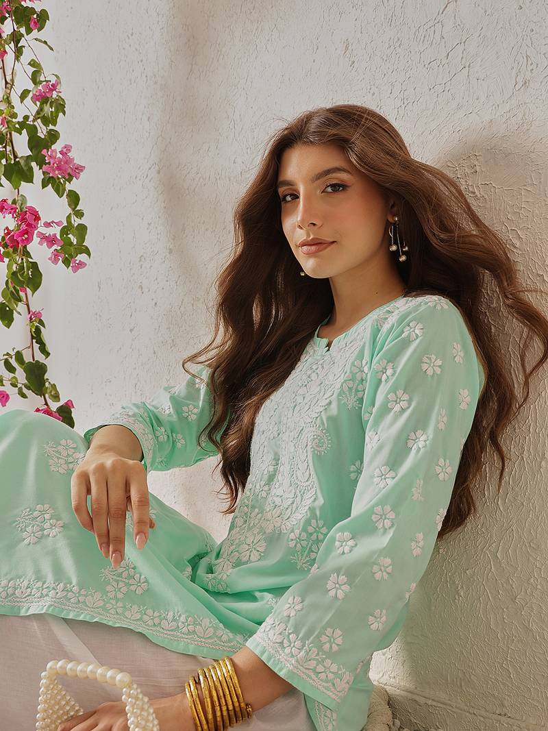 Hand Embroidered Sea Green Cotton Lucknowi Chikankari Indian Women Straight Kurta