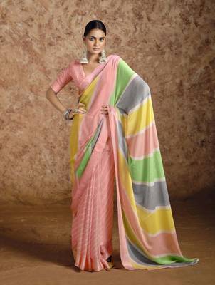 Beautiful Lehriya Print Chiffon With Self Weaving Satin Border Saree 1
