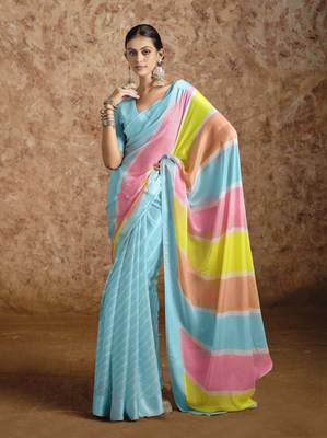 Beautiful Lehriya Print Chiffon With Self Weaving Satin Border Saree 1