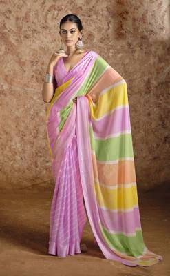 Beautiful Lehriya Print Chiffon With Self Weaving Satin Border Saree 1