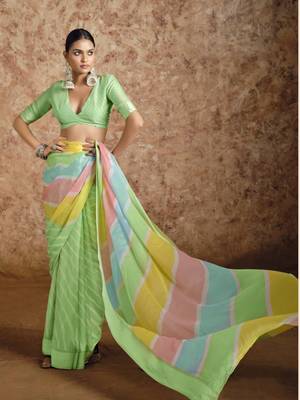 Beautiful Lehriya Print Chiffon With Self Weaving Satin Border Saree 1