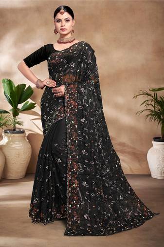 Black Sequence Resham Embroidered Silk Saree With Matching Blouse Piece