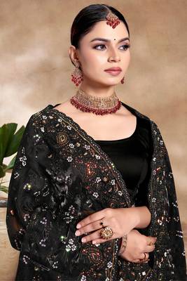 Black Sequence Resham Embroidered Silk Saree With Matching Blouse Piece 2