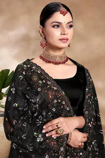 Black Sequence Resham Embroidered Silk Saree With Matching Blouse Piece