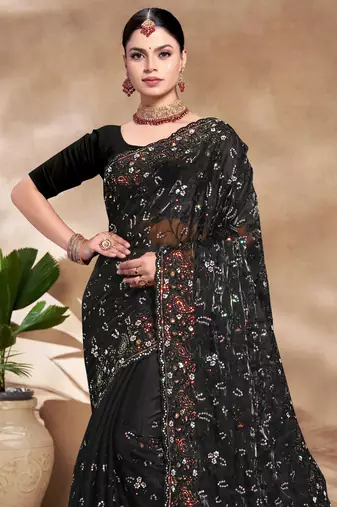 Black Sequence Resham Embroidered Silk Saree With Matching Blouse Piece