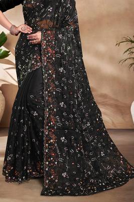 Black Sequence Resham Embroidered Silk Saree With Matching Blouse Piece 4