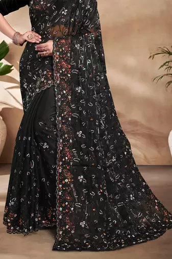 Black Sequence Resham Embroidered Silk Saree With Matching Blouse Piece