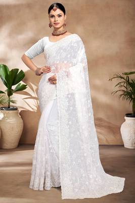 White Sequence Resham Embroidered Silk Saree With Matching Blouse Piece 1