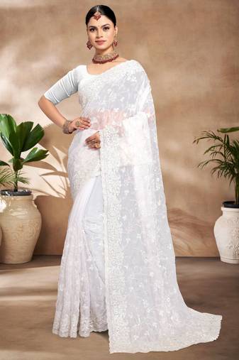 White Sequence Resham Embroidered Silk Saree With Matching Blouse Piece