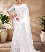 White Sequence Resham Embroidered Silk Saree With Matching Blouse Piece