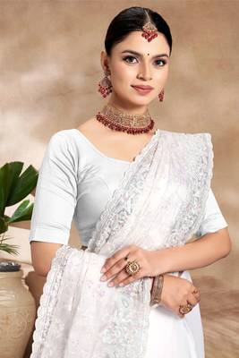White Sequence Resham Embroidered Silk Saree With Matching Blouse Piece 2