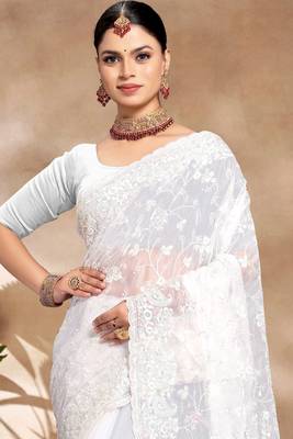 White Sequence Resham Embroidered Silk Saree With Matching Blouse Piece 3