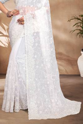 White Sequence Resham Embroidered Silk Saree With Matching Blouse Piece 4