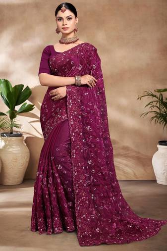 Wine Sequence Resham Embroidered Silk Saree With Matching Blouse Piece