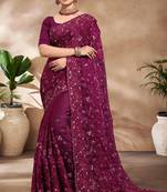 Wine Sequence Resham Embroidered Silk Saree With Matching Blouse Piece