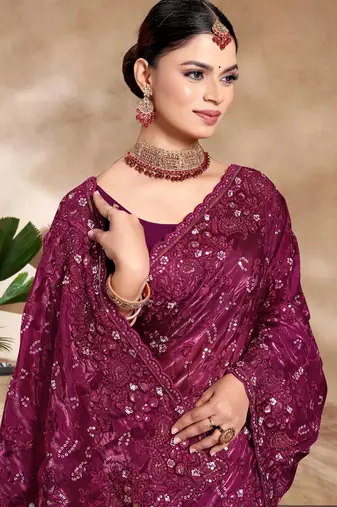 Wine Sequence Resham Embroidered Silk Saree With Matching Blouse Piece
