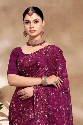 Wine Sequence Resham Embroidered Silk Saree With Matching Blouse Piece 3