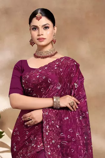 Wine Sequence Resham Embroidered Silk Saree With Matching Blouse Piece