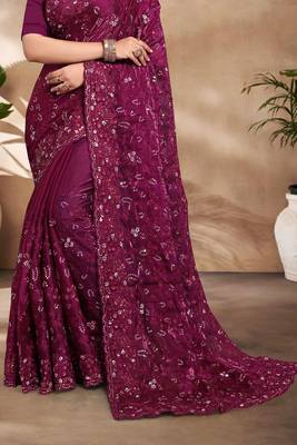 Wine Sequence Resham Embroidered Silk Saree With Matching Blouse Piece 4