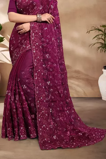 Wine Sequence Resham Embroidered Silk Saree With Matching Blouse Piece
