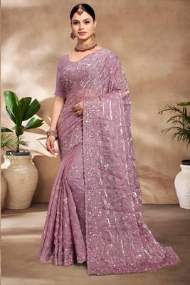 Lavender Sequence Resham Embroidered Silk Saree With Matching Blouse Piece 1
