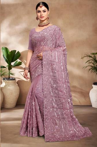 Lavender Sequence Resham Embroidered Silk Saree With Matching Blouse Piece