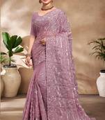 Lavender Sequence Resham Embroidered Silk Saree With Matching Blouse Piece