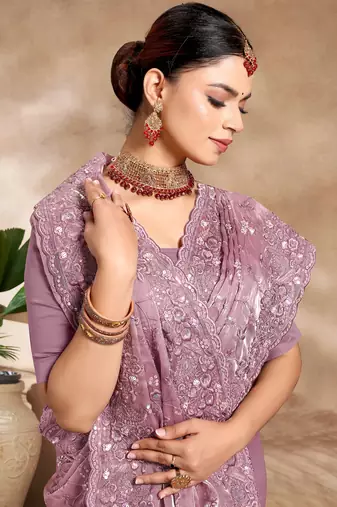 Lavender Sequence Resham Embroidered Silk Saree With Matching Blouse Piece