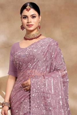 Lavender Sequence Resham Embroidered Silk Saree With Matching Blouse Piece 3