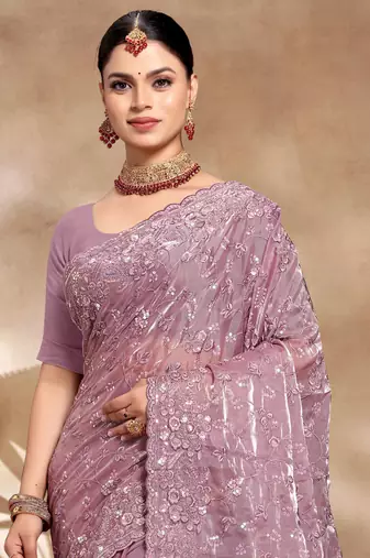 Lavender Sequence Resham Embroidered Silk Saree With Matching Blouse Piece
