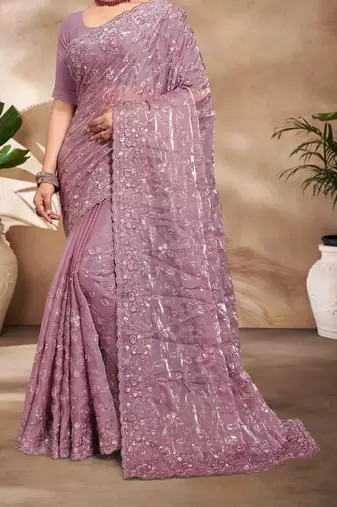 Lavender Sequence Resham Embroidered Silk Saree With Matching Blouse Piece