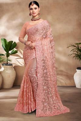 Peach Sequence Resham Embroidered Silk Saree With Matching Blouse Piece 1
