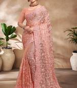 Peach Sequence Resham Embroidered Silk Saree With Matching Blouse Piece