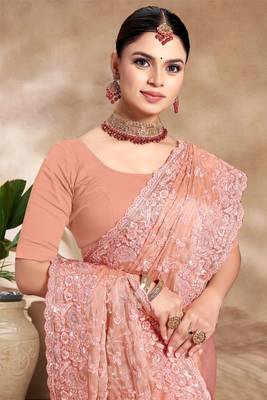 Peach Sequence Resham Embroidered Silk Saree With Matching Blouse Piece 2