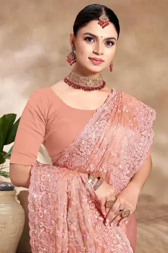 Peach Sequence Resham Embroidered Silk Saree With Matching Blouse Piece