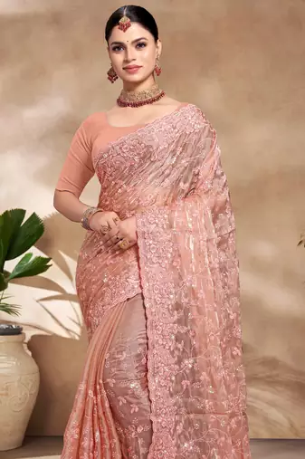 Peach Sequence Resham Embroidered Silk Saree With Matching Blouse Piece